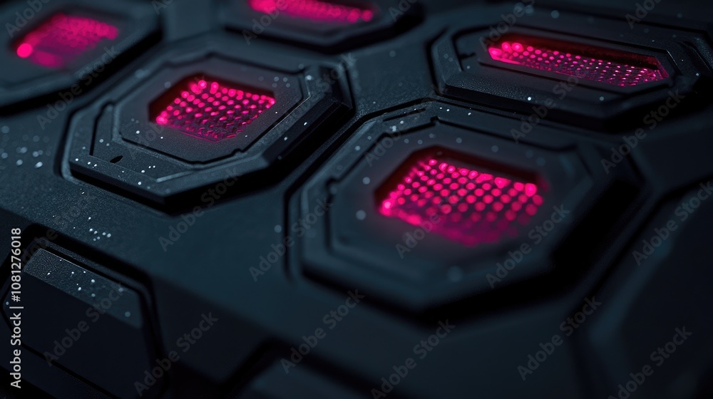 Poster close-up of futuristic interface with glossy hexagonal buttons illuminated in vibrant red light on a