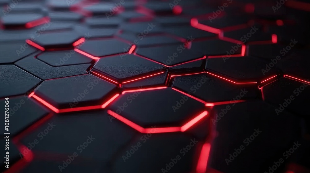 Poster futuristic hexagonal surface with glowing red lines showcasing a high-tech background ideal for sci-