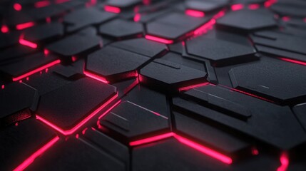 Obraz premium Abstract close-up of a modern textured surface featuring hexagonal patterns illuminated by glowing red lines, perfect for futuristic or technology-related designs