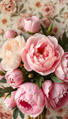 Vintage bouquet of pink and white peonies. Floristic decoration. Floral background. Baroque old fashiones style image. Natural flowers pattern wallpaper or greeting card, magazine photoshoot
