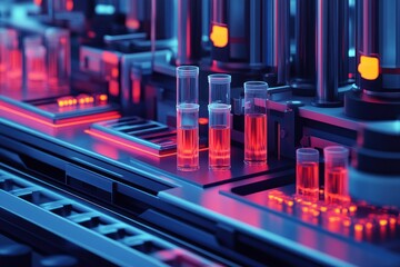 Close-up of a futuristic laboratory with glowing tubes containing red liquid and metallic machinery.