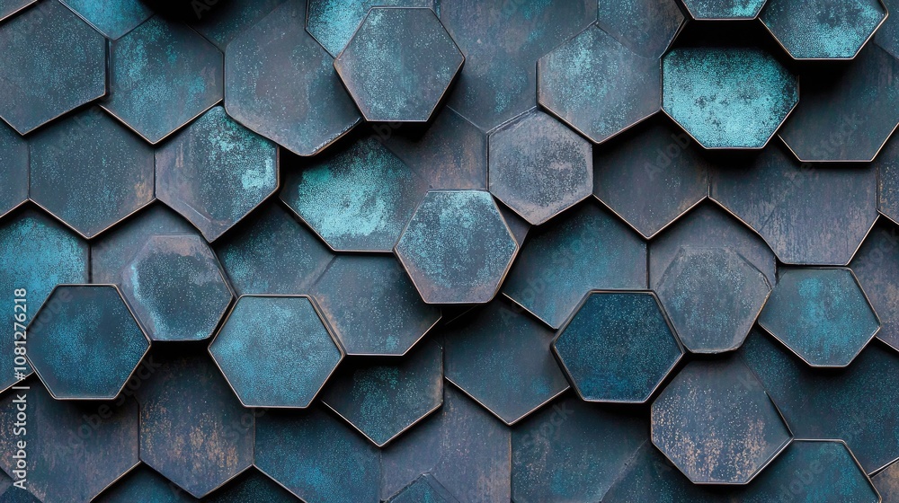 Poster textured hexagonal tile pattern with blue and turquoise shades, perfect for backgrounds and design e