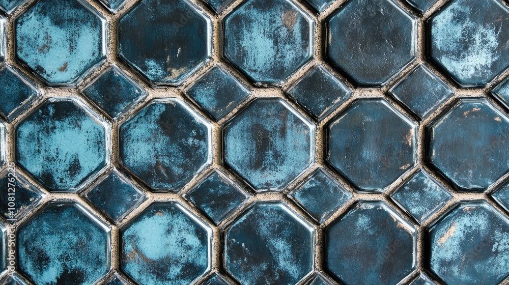 Poster artistic hexagonal tile pattern in deep blue and teal shades, displaying textures and distressed fin