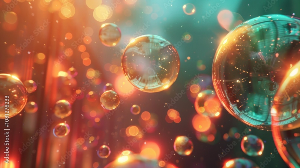 Poster abstract background with floating iridescent soap bubbles in front of a blurred background of warm c