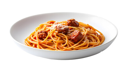White plate with spaghetti and meat on a transparent background. isolated background.