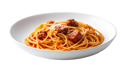 White plate with spaghetti and meat on a transparent background. isolated background.
