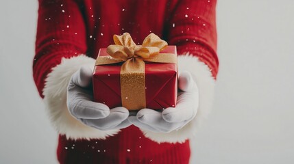 Santa Claus holding gift box with a Christmas tree and fireplace