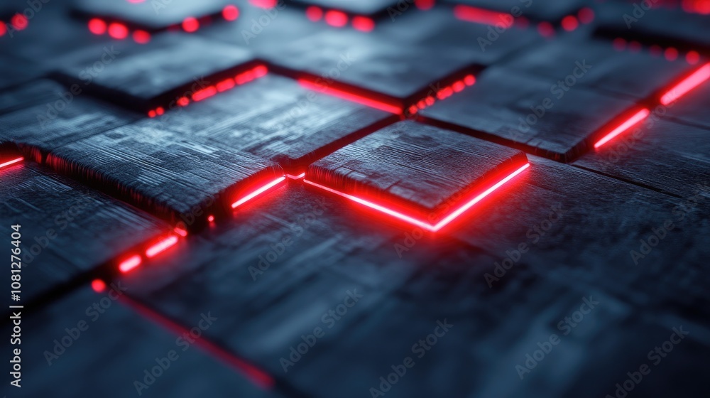 Poster futuristic abstract background with glowing red lines illuminating textured black surface, creating 