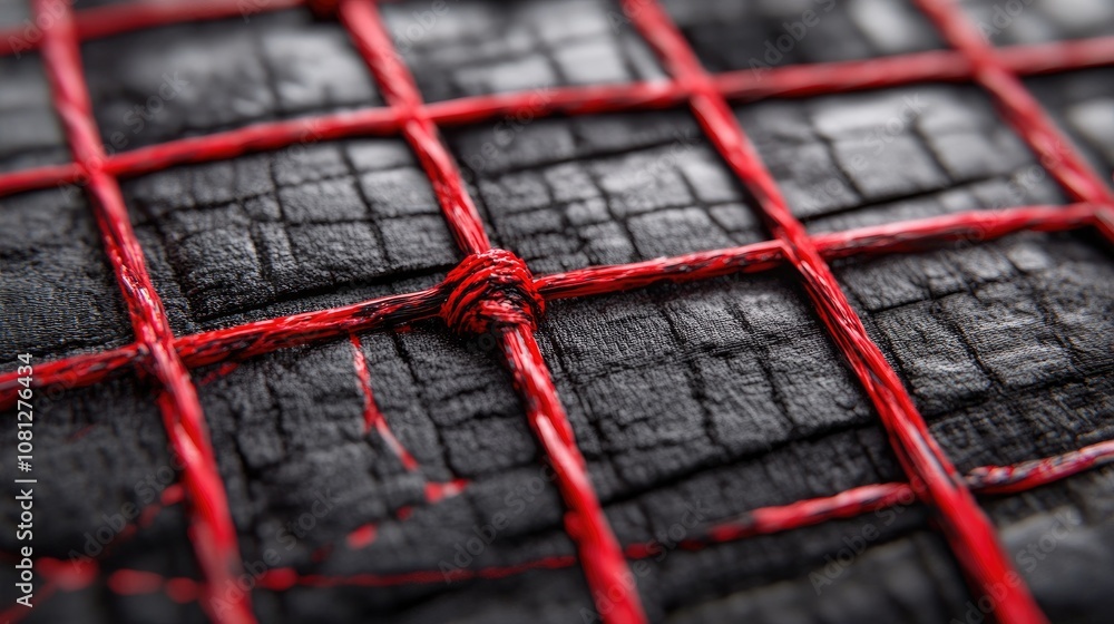 Poster Close-up View of Textured Black Surface with Red Thread Cross-Stitch Design Creating an Intriguing Pattern for Creative Projects