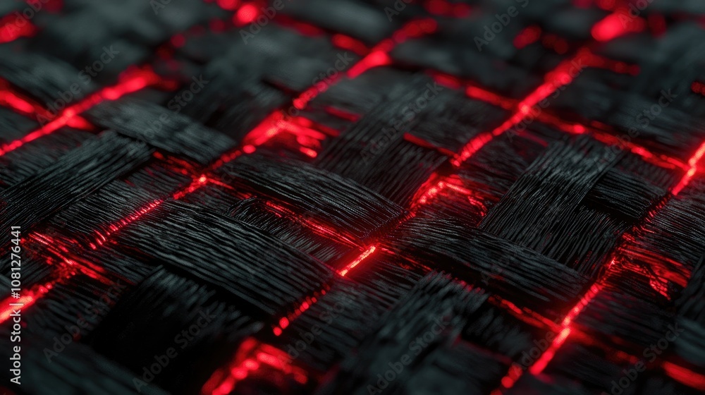 Poster abstract close-up of a woven surface with glowing red lines, showcasing intricate texture and depth,