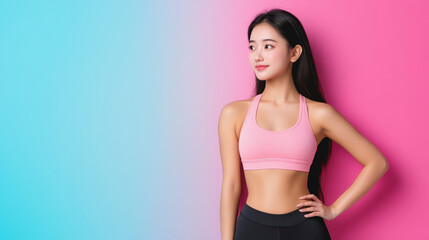 Obraz premium Young woman in stylish pink sports bra poses confidently against a vibrant pink and blue gradient background, symbolizing fitness, health, and wellness lifestyle.