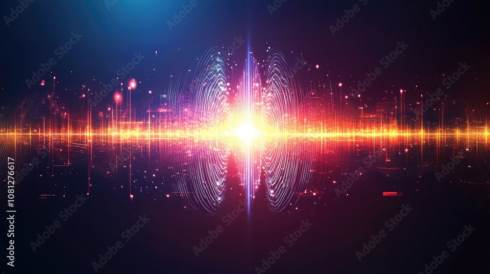 Poster vibrant sound wave visualization with colorful light effects and radiant background creating a dynam