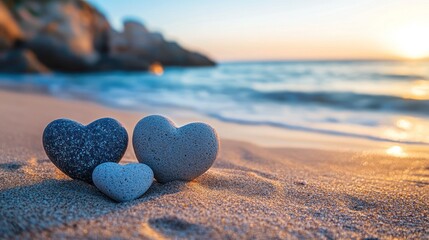 Fototapeta premium Three heart-shaped stones on a sandy beach at sunset, symbolizing love, romance, and togetherness.