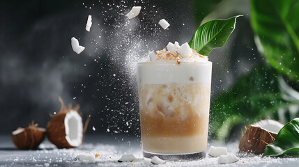 Tropical Coconut Iced Coffee with Cream and Coconut Flakes