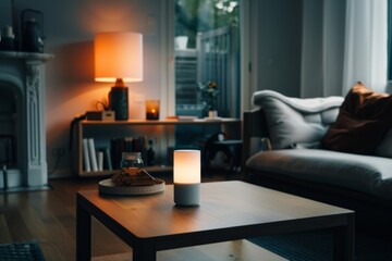 A cozy living room, softly lit by lamps, features comfortable seating and a coffee table centerpiece, radiating warmth and inviting relaxation.