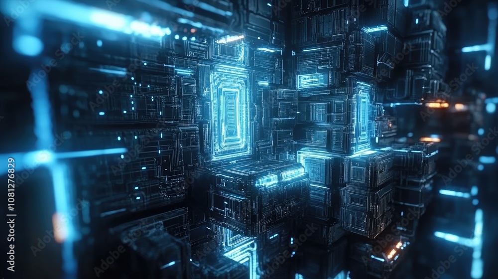 Poster futuristic digital landscape with neon blue circuitry and geometric structures, representing advance