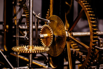 Old clock mechanism, clock gears, close up