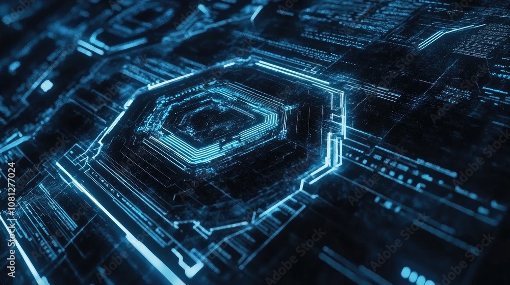 Poster futuristic digital circuit board illustrating complex technology and data flow in a cyberpunk style 