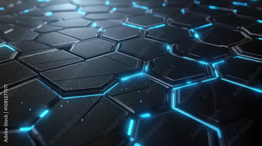 Poster abstract futuristic background featuring glowing blue lines and hexagonal patterns on a dark texture