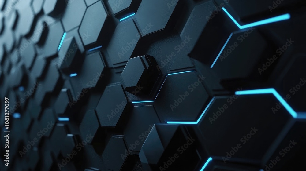 Poster futuristic hexagonal pattern with glowing blue lines on dark background for abstract digital art and