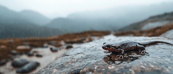 A salamander elegantly crawls on a glistening rock amidst the misty rain, portraying nature's resilience and grace.