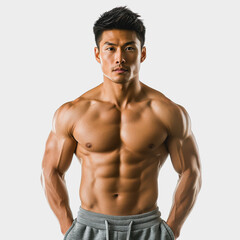 Fototapeta premium Athletic male model showcasing muscular physique and confidence, ideal for fitness and health themes in lifestyle photography, workout inspiration, and personal training environments.