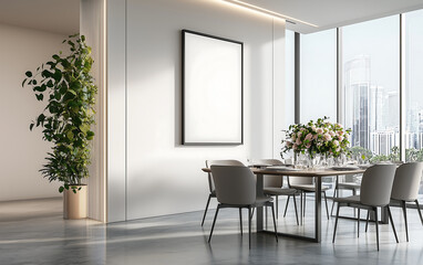 Fototapeta premium Cozy dining room interior with clean modern design, featuring large window, elegant table setting, and beautiful floral arrangement. space exudes warmth and sophistication
