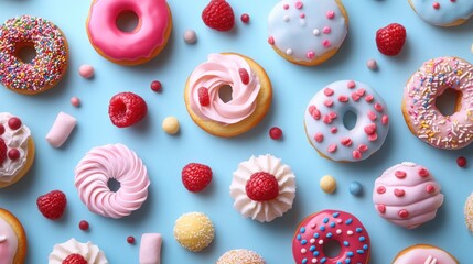 Colorful donuts with sprinkles and raspberries arranged on a blue background.