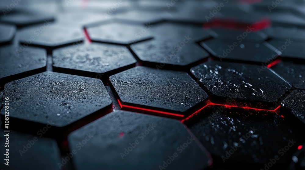 Aufkleber dark hexagonal tiles with red led accents on floor surface, textured background for modern design co
