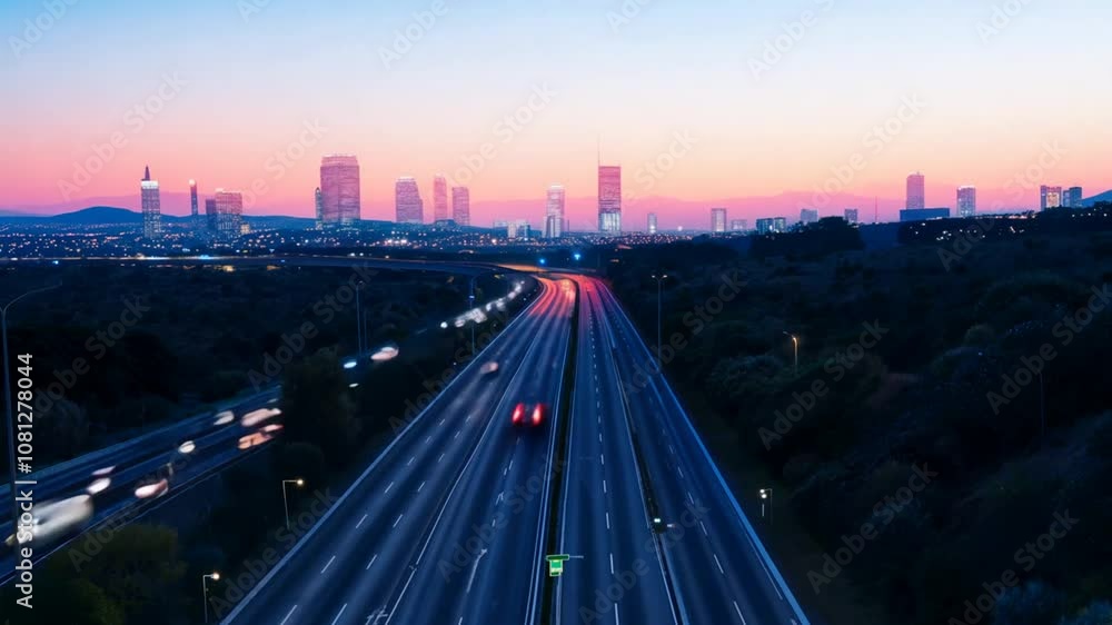Poster traffic flows on the freeway from day to night generative ai