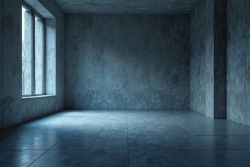 minimalist, modern interior industrial feel. The walls and ceiling are made of rough, grey concrete, contributing to the raw, unfinished aesthetic.