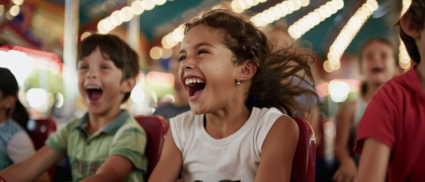 Children laughing and enjoying a thrilling ride on a carousel, with bright lights creating a joyful and nostalgic fairground atmosphere.