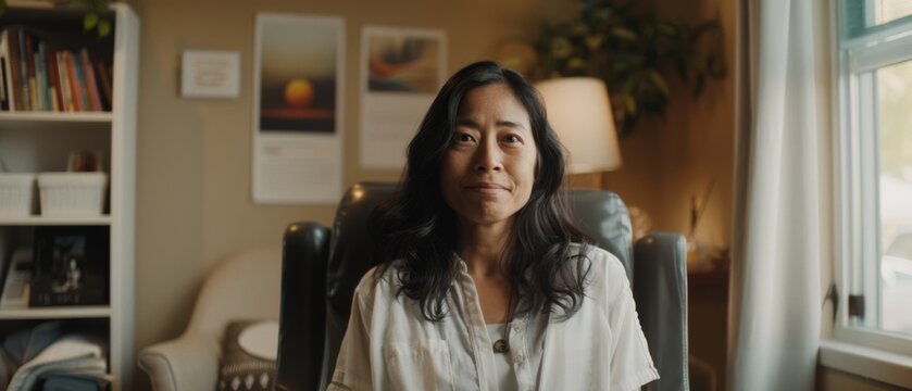 A woman sits comfortably in a homely setting, exuding warmth and happiness, surrounded by cozy décor and soft lighting.