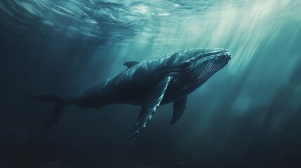 Fototapeta premium Powerful humpback whales moving through the deep blue ocean water.