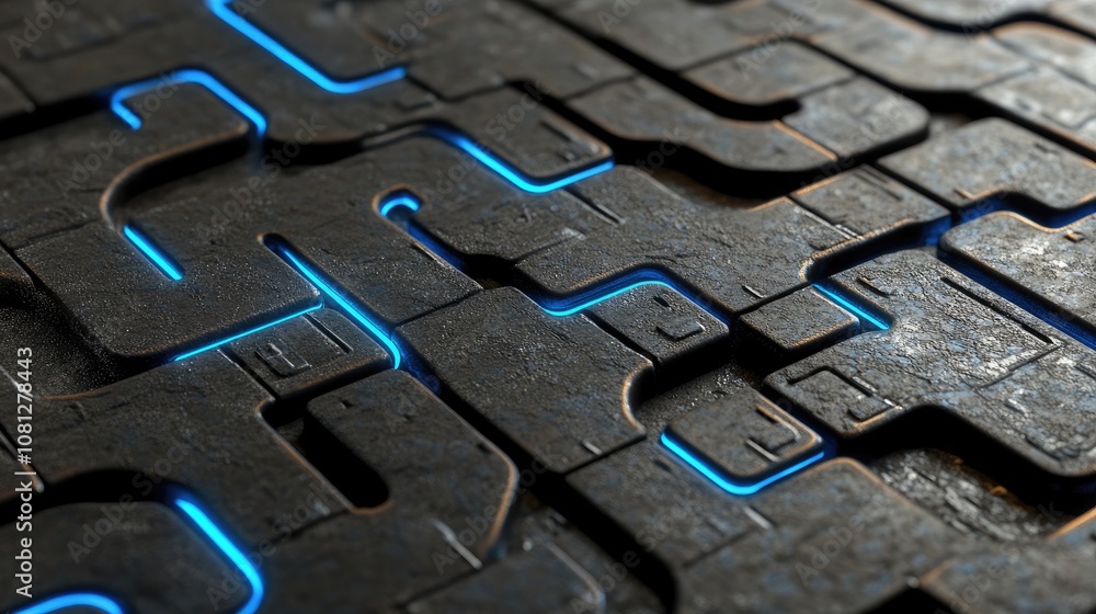 Poster abstract close-up of textured metallic surface with intricate patterns and led glow in blue, ideal f