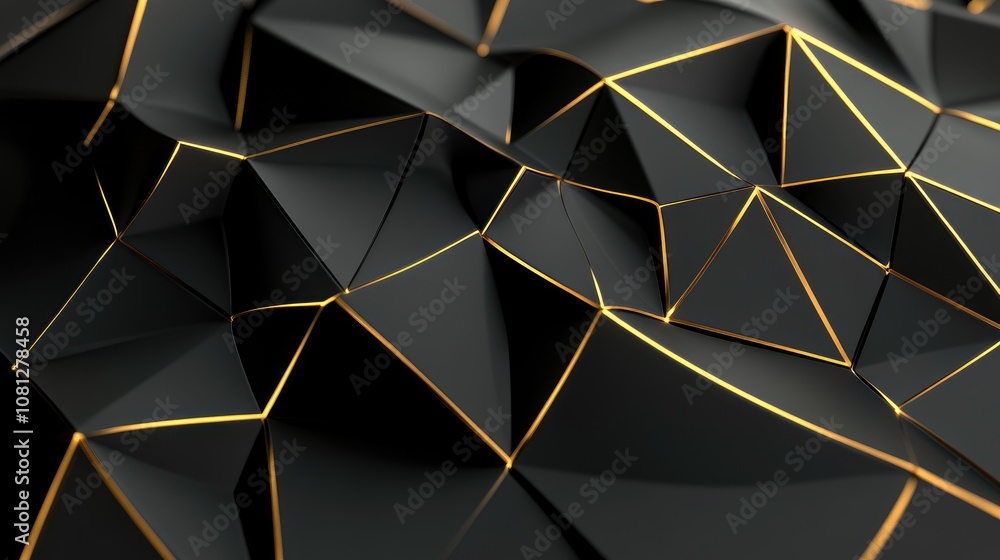 Poster abstract black and gold geometric surface with sharp edges and intricate patterns in a modern aesthe