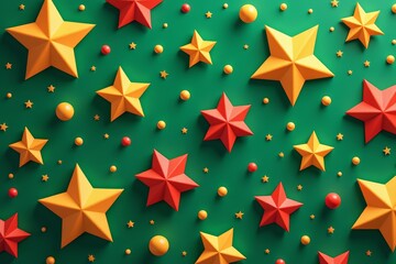 Obraz premium Festive stars and baubles on green Christmas background