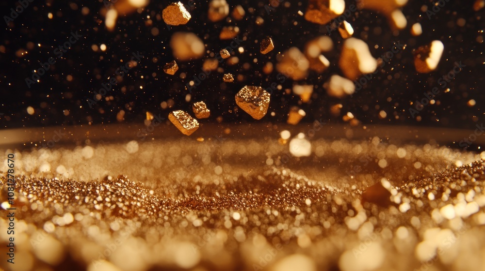 Poster close-up of suspended gold particles creating a shimmering effect.