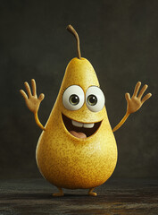 A cute cartoon pear with big eyes, smiling and waving its hands.