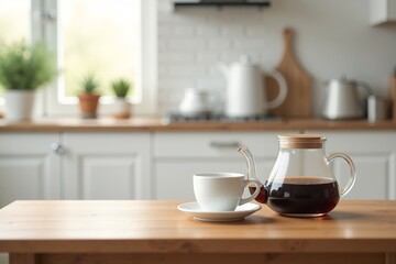 Obraz premium modern kitchen with wooden countertops. A clear glass teapot filled with tea
