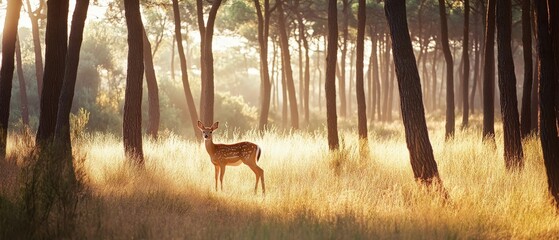 A lone deer stands quietly in a sun-dappled forest, embodying the grace and mystery of wildlife in a golden, tranquil woodland setting.