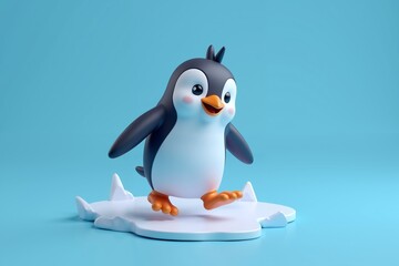 Obraz premium cute, 3d cartoon-style penguin. The penguin is depicted with a dark grey body, a white belly, and an orange beak and feet. standing on small floating island