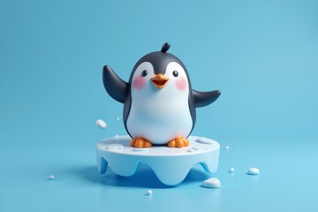 Fototapeta premium cute, 3d cartoon-style penguin. The penguin is depicted with a dark grey body, a white belly, and an orange beak and feet. standing on small floating island