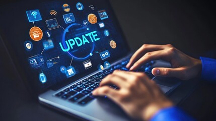 A person typing on a laptop with an "UPDATE" graphic on the screen.