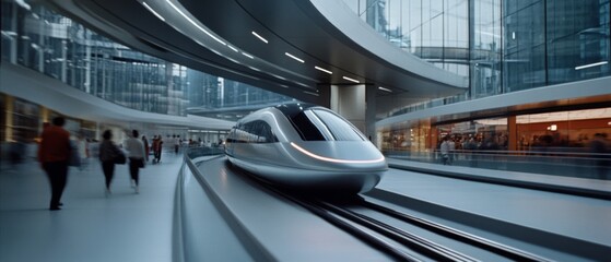 A sleek, modern high-speed train races through a futuristic station, embodying innovation and the rapid pace of modern travel.
