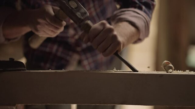 Unknown male carpenter is processing wood with a chisel and hammer in slow-motion. Close-up shot