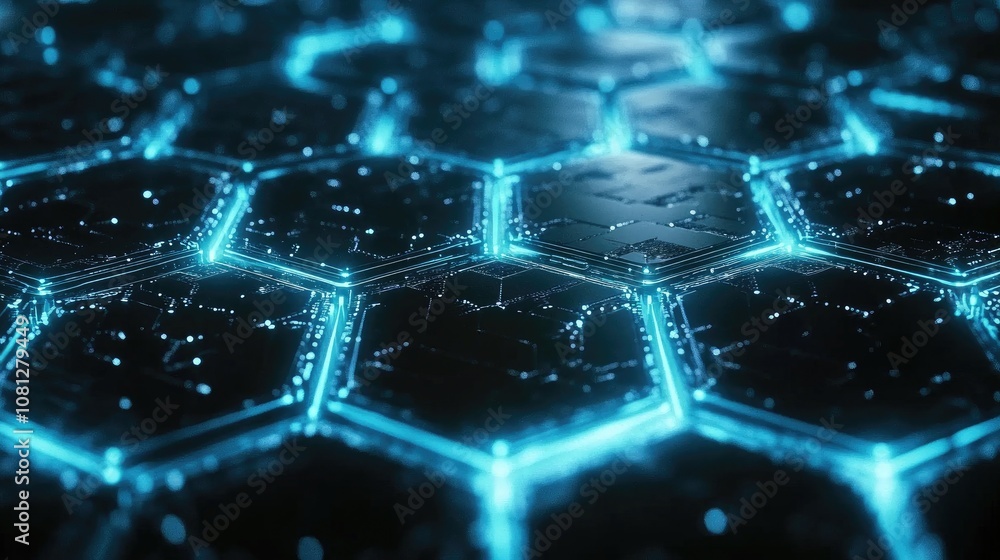 Poster futuristic hexagonal grid with glowing blue lines and digital texture, perfect for technology and ab