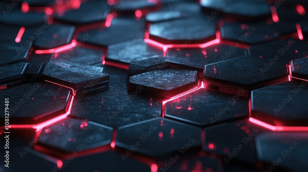 Poster abstract futuristic hexagonal patterns with neon red light glow on dark background, ideal for techno