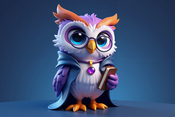 Fototapeta premium 3d render cartoon cute, purple owl with large, expressive eyes, wearing a blue wizard's hat and cape. in fantasy story.