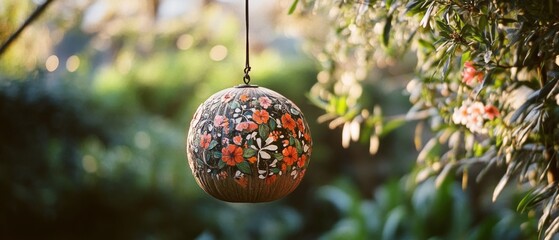 Obraz premium A decorative hanging sphere, adorned with floral patterns, catches dappled light in a verdant garden, evoking whimsy and natural beauty.